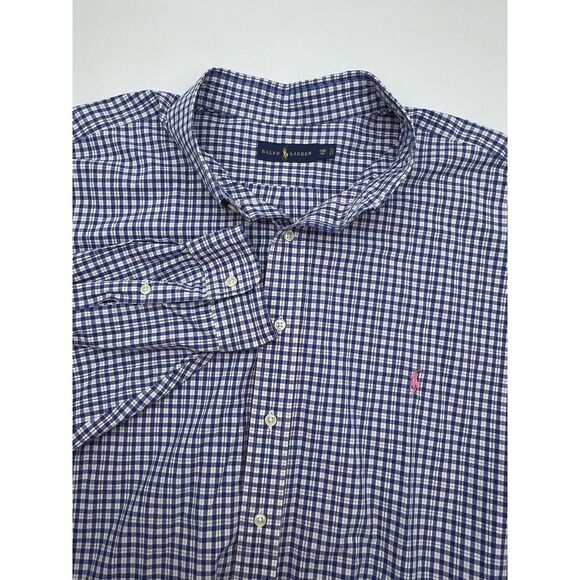 Ralph Lauren‎ Mens 3XB Shirt Long Sleeve Big & Tall Blue White Plaid Pink Pony - Picture 1 of 9